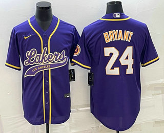 Mens Los Angeles Lakers #24 Kobe Bryant Purple With Patch Cool Base Stitched Baseball Jersey->->NBA Jersey
